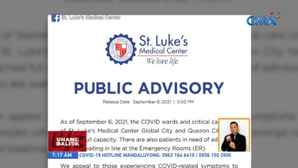 COVID ward at critical care units ng St. Luke's Medical Center sa Taguig at Quezon City, puno na | UB