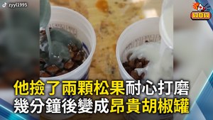 他撿了兩顆松果耐心打磨 幾分鐘後變成昂貴胡椒罐！