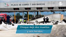 Tráiler se queda sin frenos y choca en caseta de cobro de la México-Puebla