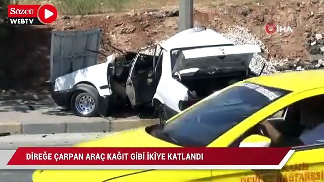 Direğe çarpan araç kağıt gibi ikiye katlandı