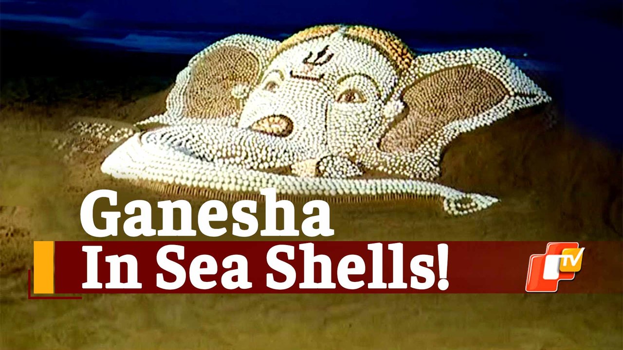 Ganesh Sculpture With 7,000 Sea Shells Created By Sand Artist Sudarshan Pattnaik At Puri Beach