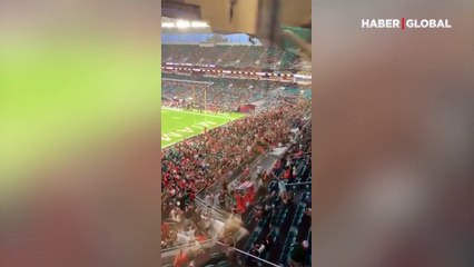 Tribünde asılı kalan kediyi bayrak açarak kurtardılar