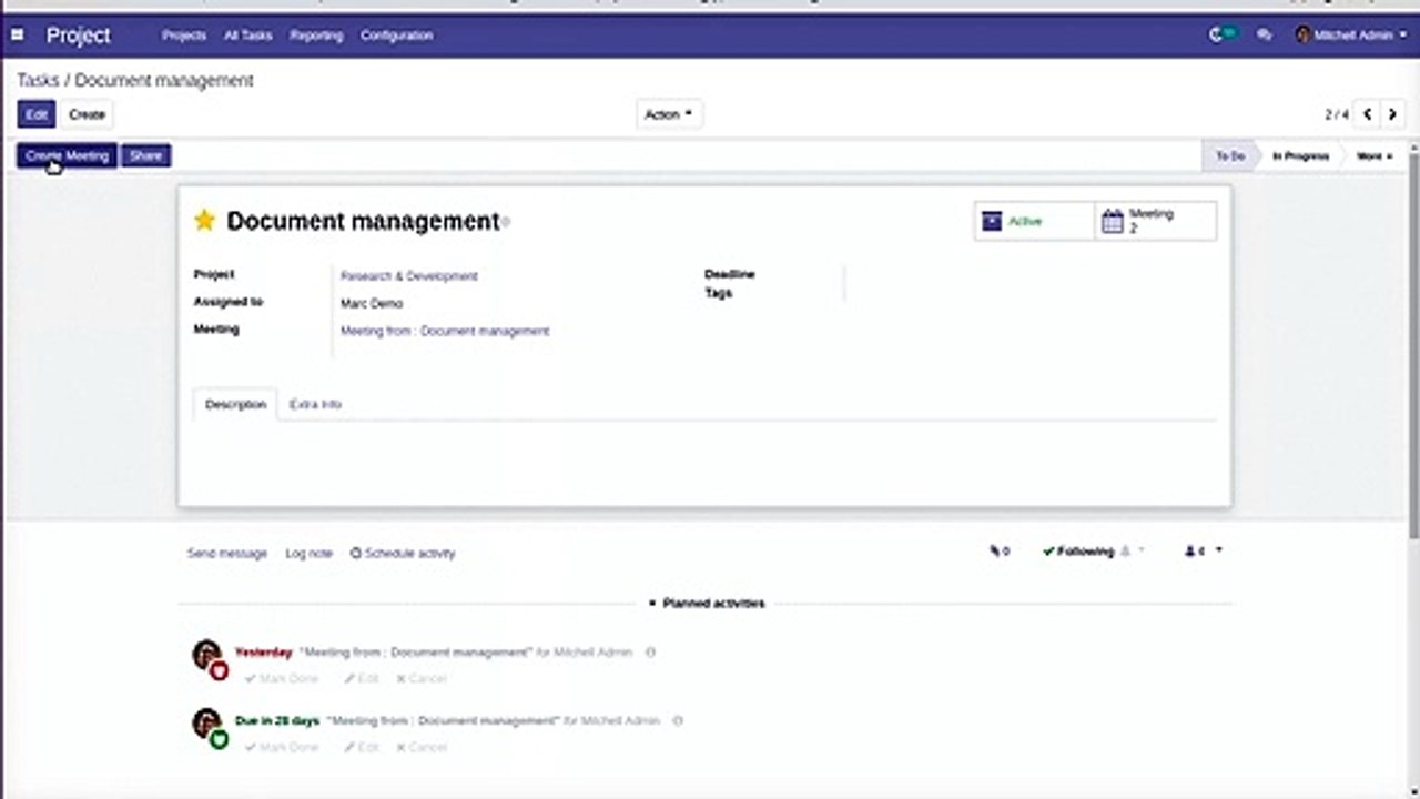 How to Create Meeting from Task and navigate in project task management system