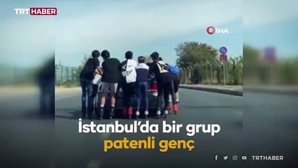 Patenli gençlerin araç arkasında tehlikeli yolculuğu kamerada