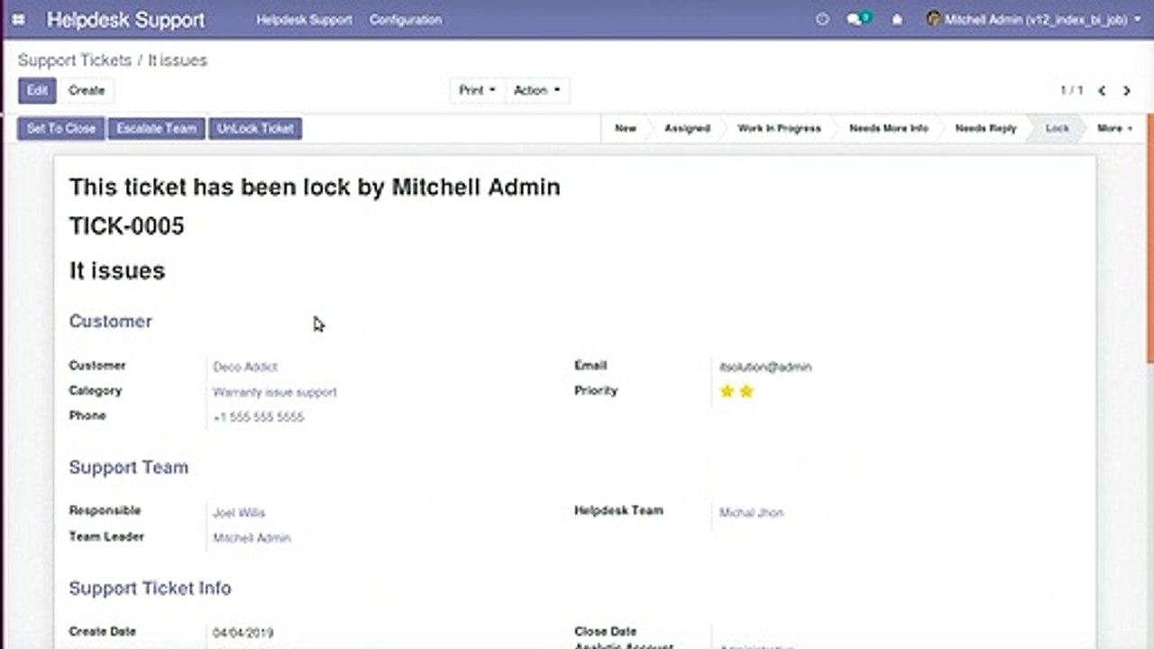 Helpdesk Support Ticket Locking System | Odoo