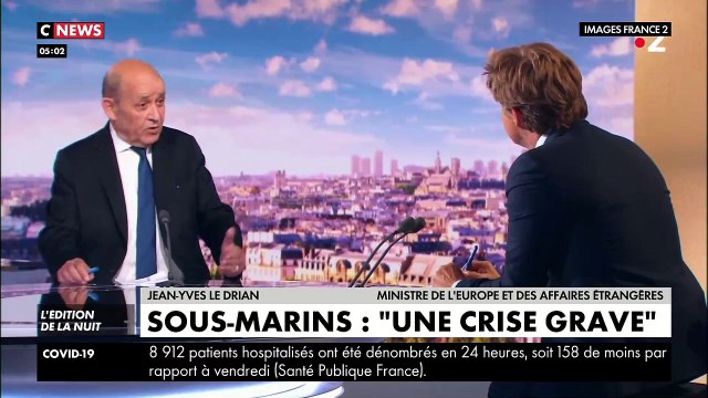 La France humiliée dans l'affaire des sous-marins : Il y a vraiment une crise grave entre la France, l'Australie et les Etats-Unis (Jean-Yves Le Drian sur France 2)