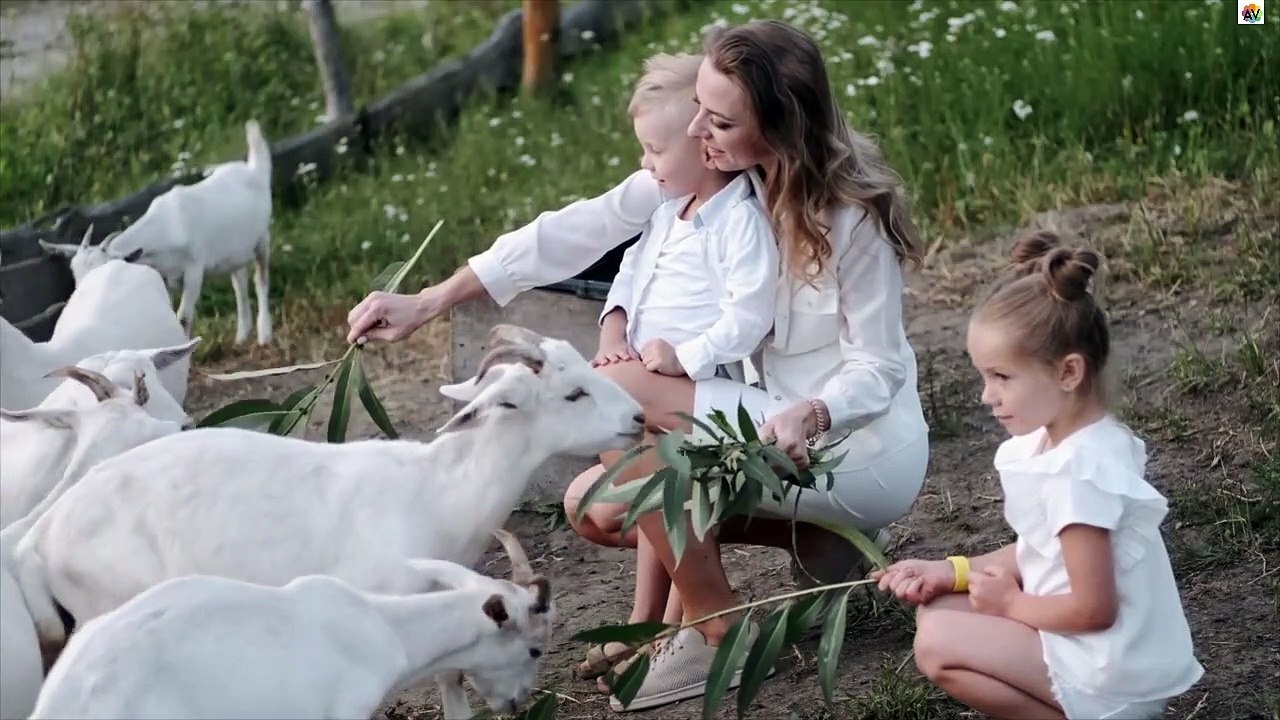 Beautiful Mother and Children Feeding Goats | Playing With Goats | Mother's Love