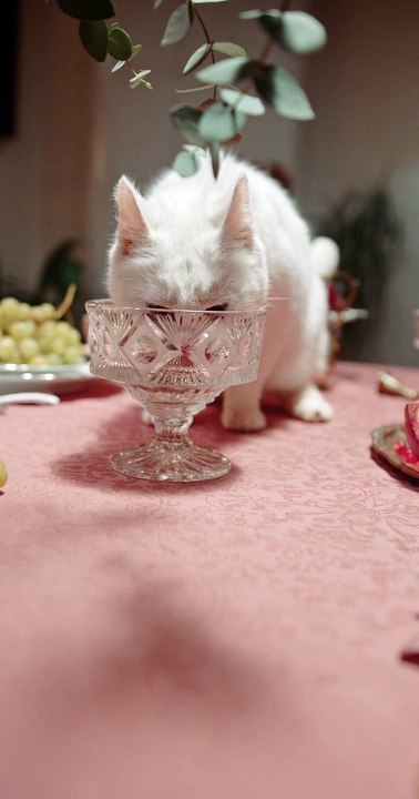 A Cat Licking The Crystal Glass On Top Of The Table
