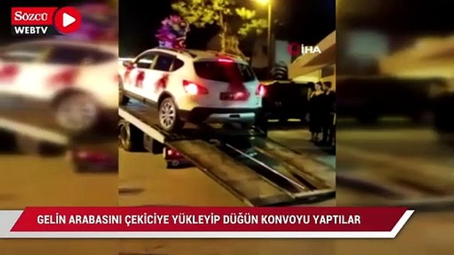 Gelin arabasını çekiciye yükleyip düğün konvoyu yaptılar