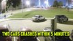 'Milwaukee, WI: CCTV footage shows two intense roundabout car crashes within 5 minutes of each other'
