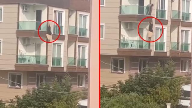 Çığlık çığlığa balkona çıkıp korkuluklardan sarkan kadın aşağıya düştü! O anlar anbean kaydedildi