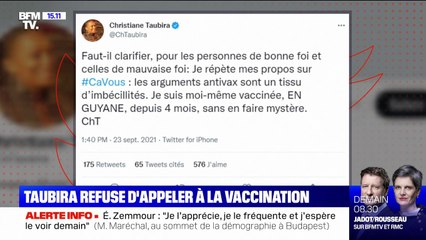 Christiane Taubira refuse d'appeler à la vaccination mais précise que "les arguments antivax sont un tissu d'imbécillités"