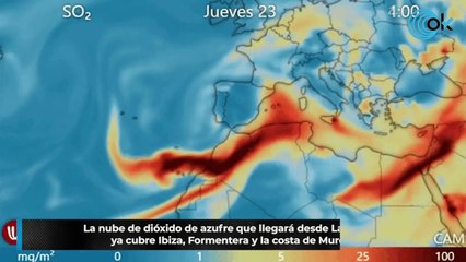 La nube de dióxido de azufre que llegará desde La Palma ya cubre Ibiza, Formentera y la costa de Murcia