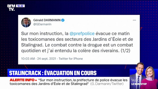 Paris: Darmanin annonce avoir demandé l'évacuation ce vendredi matin des toxicomanes des jardins d'Eole et de Stalingrad