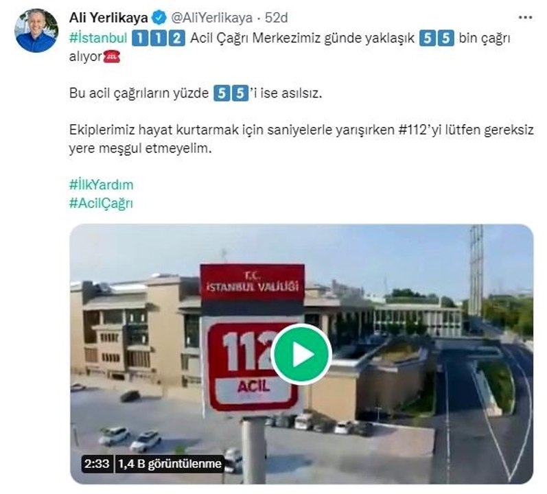 Vali Yerlikaya, "112 acil çağrı merkezine gelen çağrıların yüzde 55'i asılsız"