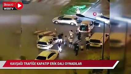 Kavşağı trafiğe kapatıp erik dalı oynadılar