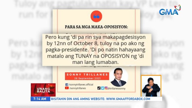Dating Sen. Trillanes, tatakbo raw sa pagka-pangulo kung hindi pa makapagdesisyon si VP Robredo sa Oct. 8 | UB