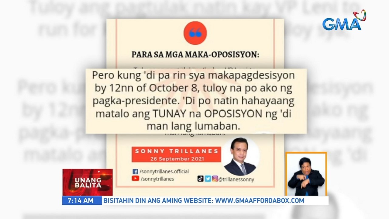 Dating Sen. Trillanes, tatakbo raw sa pagka-pangulo kung hindi pa makapagdesisyon si VP Robredo sa Oct. 8 | UB