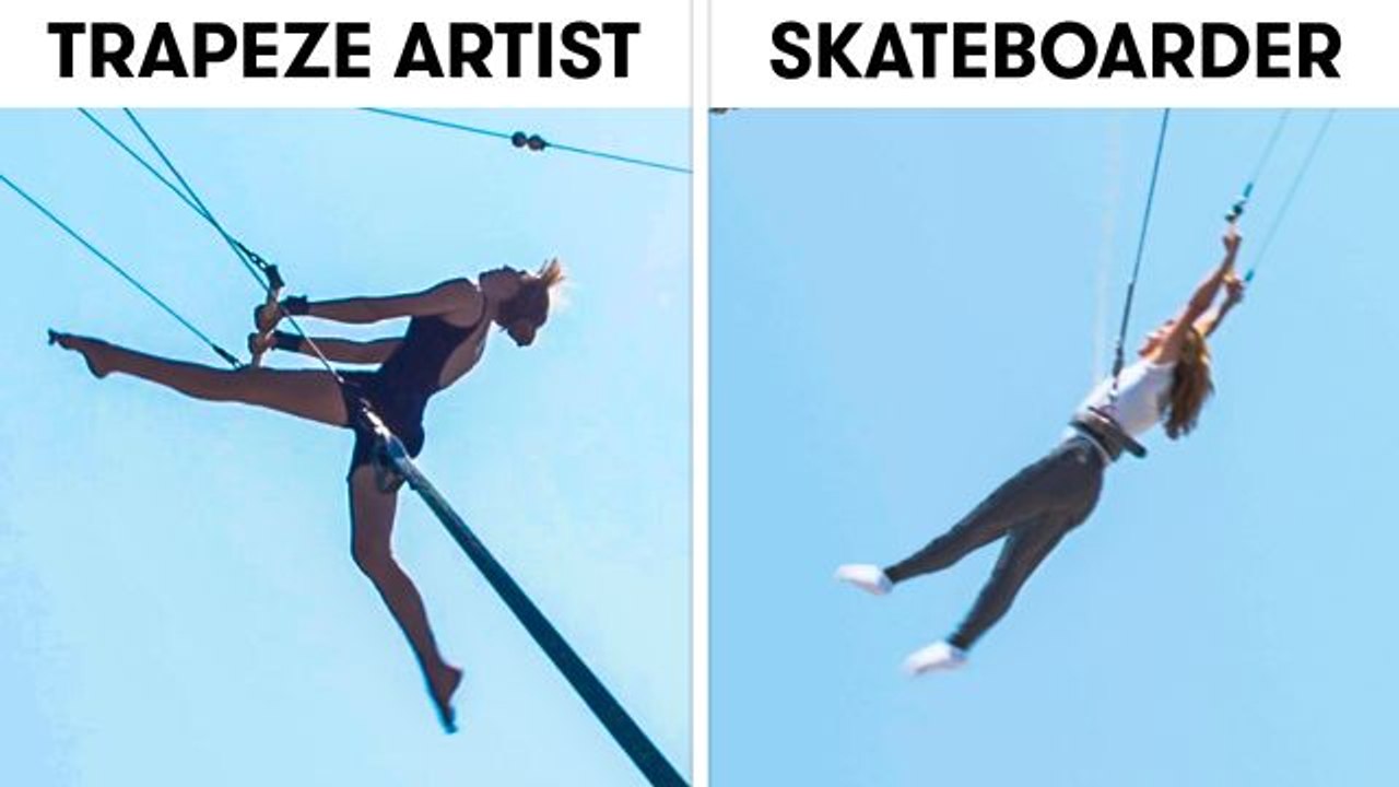 Skateboarders Try to Keep Up With Trapeze Artists