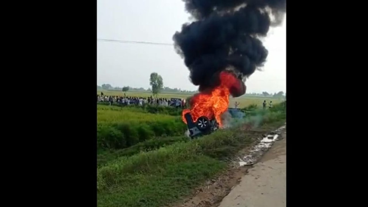 UP Minister's Car thrashed two, farmers burnt vehicles