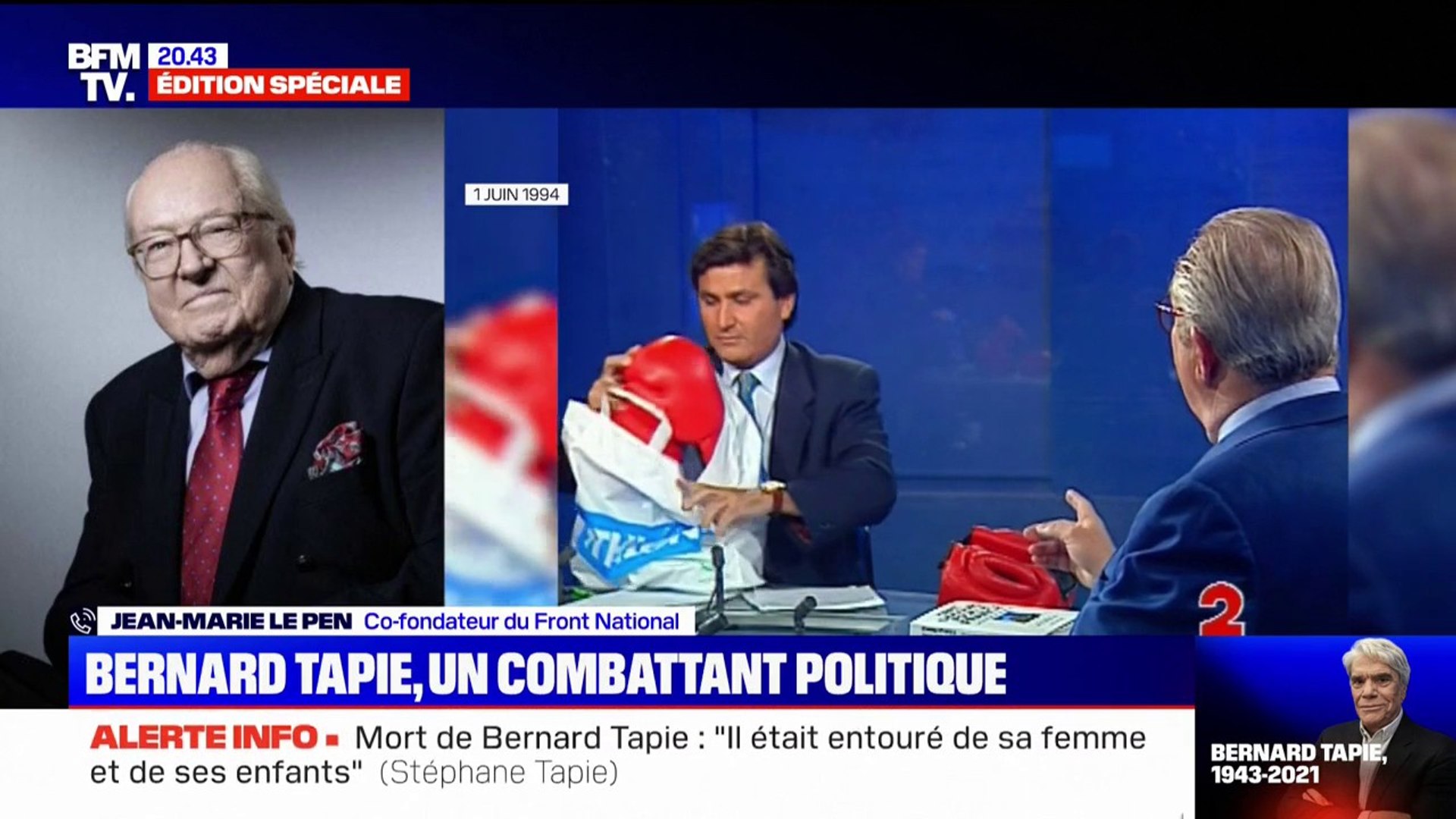 Mort de Bernard Tapie: Jean-Marie Le Pen revient sur leur débat électrique  en 1989 - Vidéo Dailymotion