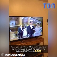 Pour ses 30 ans de mariage, il se rend compte que la vidéo du mariage est entrecoupé d'une émission policière