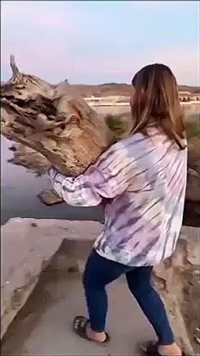 Elle balance un tronc d'arbre à la mer et se jette avec