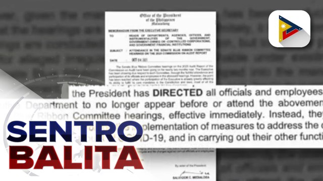 Memo na nagbabawal sa mga miyembro ng executive branch na dumalo sa mga pagdinig ng Senate Blue Ribbon Committee, inilabas ng Office of the President; Sen. Gordon, tinawag na ‘unconstitutional’ ang memo na inilabas ng executive department