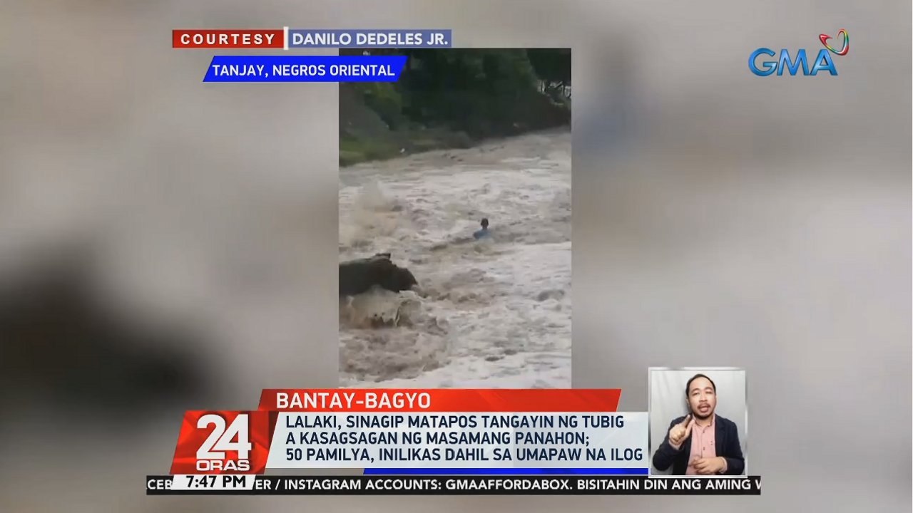 Lalaki, sinagip matapos tangayin ng tubig sa kasagsagan ng masamang panahon; 50 pamilya, inilikas dahil sa umapaw na ilog | 24 Oras