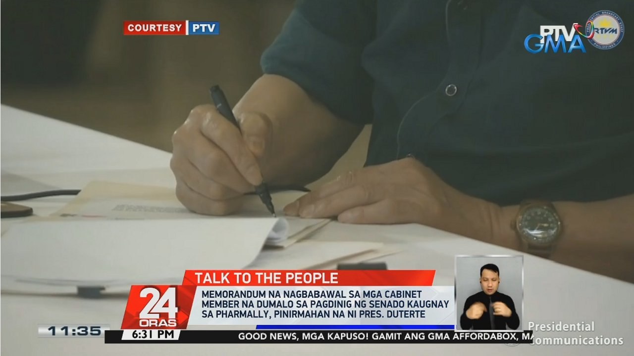 Memorandum na nagbabawal sa mga cabinet member na dumalo sa pagdinig ng Senado kaugnay sa Pharmally, pinirmahan na ni Pres. Duterte | 24 Oras