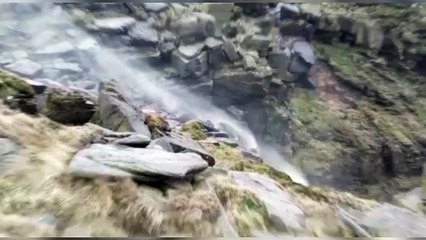 Waterfall in Peak District flows backwards due to high winds