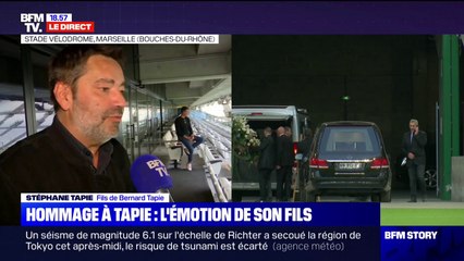 "J'avais dit que je le ramenais à la maison, il est chez lui": Stéphane Tapie réagit à l'hommage des supporters de l'OM pour son père
