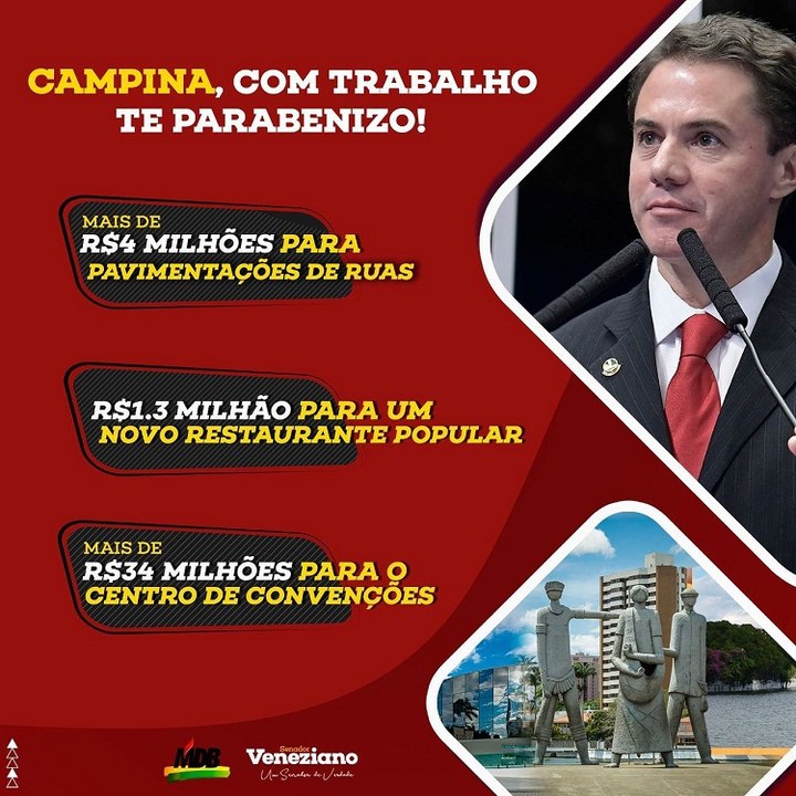 “Campina, com trabalho te parabenizo”, diz Veneziano ao comemorar emancipação da cidade