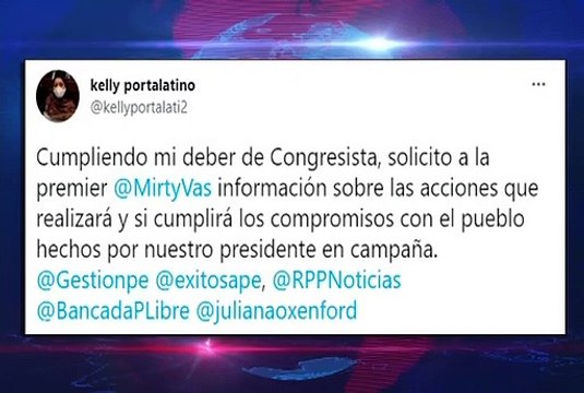 Congresista Portalatino pide a Mirtha Vásquez confirmar si cumplirá promesas de campaña de Castillo