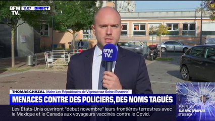 Tags menaçants nommément des policiers dans l'Essonne: "C'est inquiétant pour nos agents de police (...) comment ces informations peuvent-elles être diffusées ?", s'interroge Thomas Chazal, maire LR de Vigneux-sur-Seine