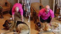 'Arab dog owner taking care of pet dander by brushing his dog's coat'