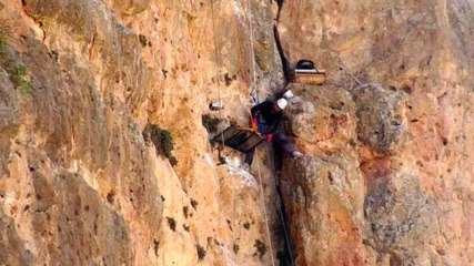 150 metrelik kayalıklardan şifa kaynağı olan kaya balını topladı