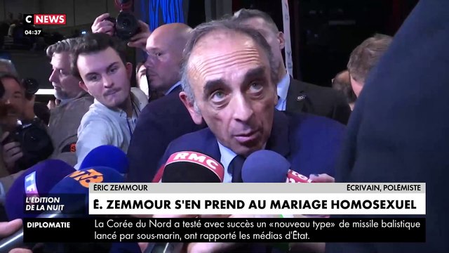 Eric Zemmour estime hier soir à Versailles que le mariage homosexuel est une erreur et c'est à l'origine de toute la suite... Mais il ne faut pas forcément rouvrir le sujet