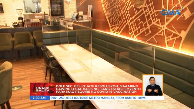 DOLE Sec. Bello: IATF resolusyon, maaaring gawing legal basis ng ilang establismyento para mag-require ng COVID-19 vaccination | UB