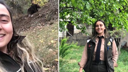 Orman muhafaza memuru genç kadın, ayıyla böyle özçekim yaptı