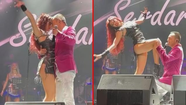 Sahnede kendinden geçen Serdar Ortaç, kadın dansçısıyla sarmaş dolaş oynadı