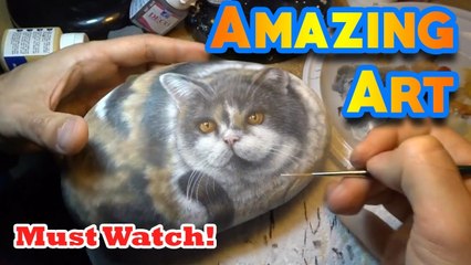 Painting a Cat on a Sea Rock ! Rock Painting Art by Roberto Rizzo