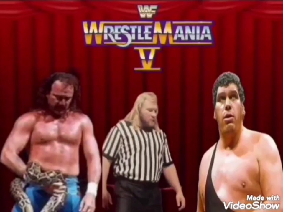 Andre the giant vs Jake the snake Roberts with spécial ref Big John Studd / WRESTLEMANIA V full entrances