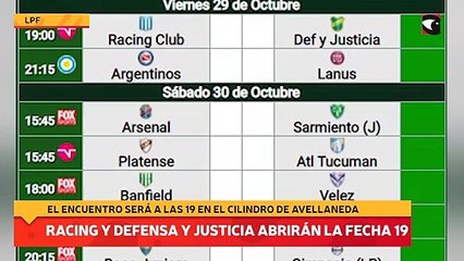 Racing y Defensa y Justicia abrirán el telón de la fecha 19