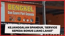 Wanita Soroti Kejanggalan Spanduk Bengkel, 'Service Sepeda Bonus Liang Lahat'
