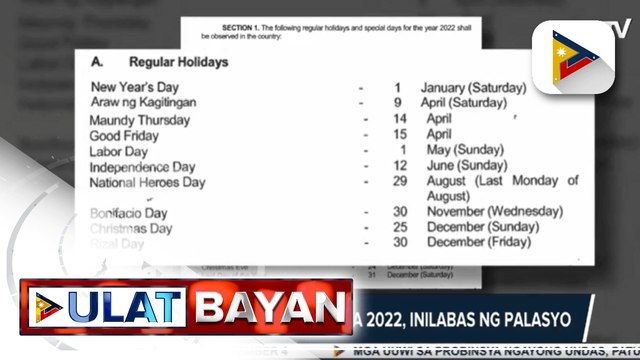 Listahan ng mga holiday sa 2022, inilabas ng palasyo