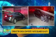 Los Olivos: Conductor destroza su auto al chocar con poste