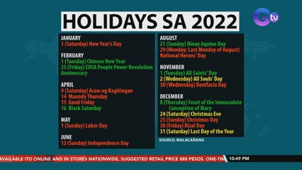 Listahan ng mga holiday sa 2022, inilabas na ng Malacañang | SONA