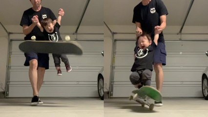 'Cute toddler gets excited after 'landing' his first-ever skateboard trick '