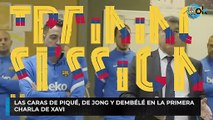 Las caras de Piqué, De Jong y Dembélé en la primera charla de Xavi